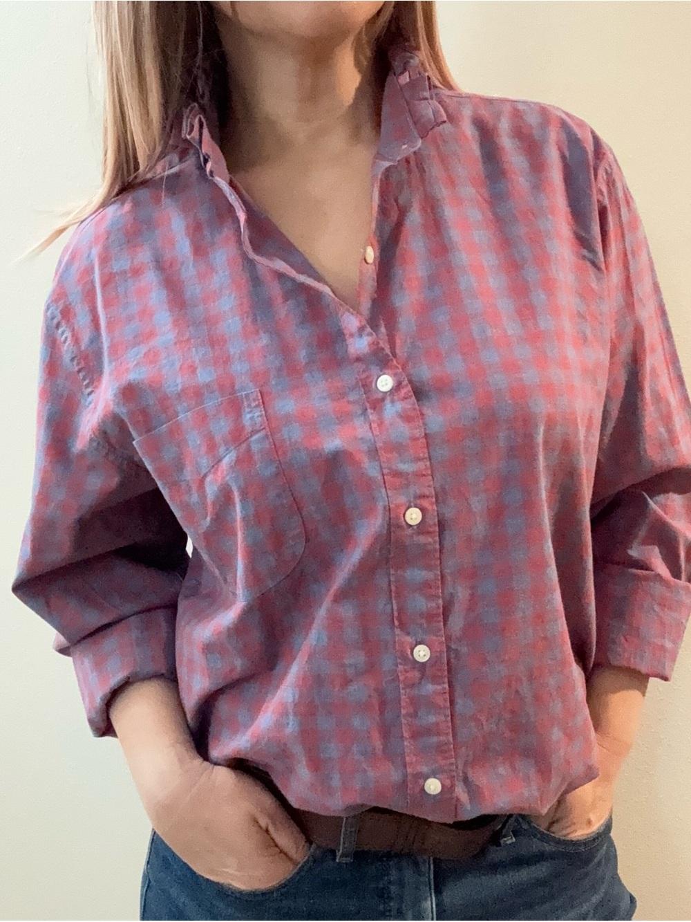 Upcycled Red & Blue Check Men’s Button-Up Shirt
